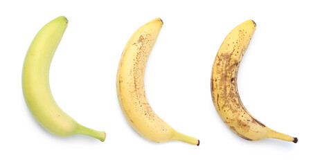Comparison of fresh and overripe bananas isolated on white, collage