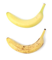 Comparison of fresh and overripe bananas isolated on white, collage