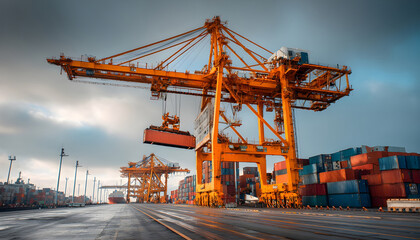Fototapeta premium Gantry crane is unloading a container from a ship at daytime in the port