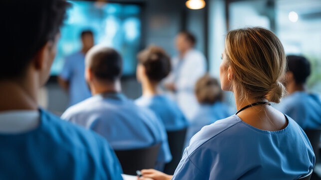Health safety training session hospital conference room faceless medical staff in scrubs viewing presentation large screen highlighting importance ongoing education healthcare