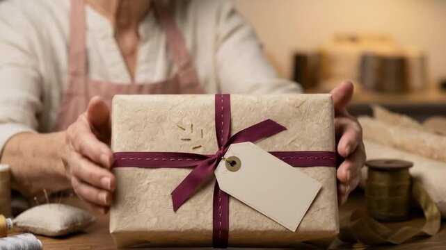 A smiling elderly woman presents a beautifully wrapped gift adorned with a maroon ribbon and a tag, showcasing her craftsmanship in a cozy, warmly lit environment filled with crafting supplies - Powered by Adobe