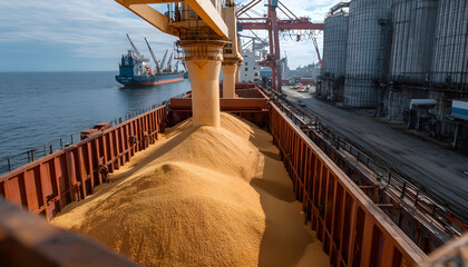 Close view of ship loading grain crops on bulk freighter via trunk to open cargo holds at silo terminal in seaport. Cereals bulk transshipment to vessel. Transportation of agricultural products.