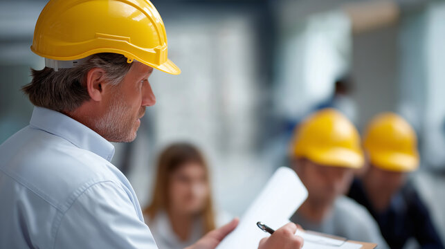 Faceless construction worker training classroom learning seminar mature electrician plumber studying education skill development professional engineer technical lecture senior