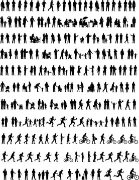 Big set of black human silhouettes, architectural people entourage, diverse men women children poses, walking running biking standing figures, vector graphic design element.