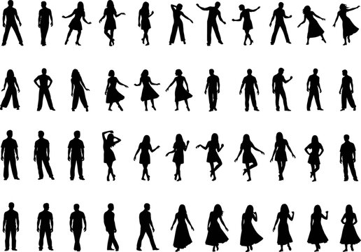 Large set of black human silhouettes, architectural people entourage, diverse men women poses, walking standing figures, vector graphic design element, isolated background collection.