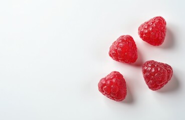 Four juicy ripe raspberries sit on a clean white surface. These red berries are fresh and slightly dewy. Ready for eating or decoration, they offer a natural sweetness and vibrant color.