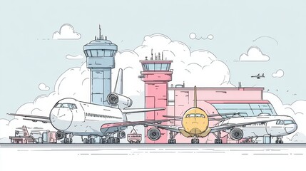 Aviation operations management flat design side view aerospace theme cartoon drawing colored pastel.