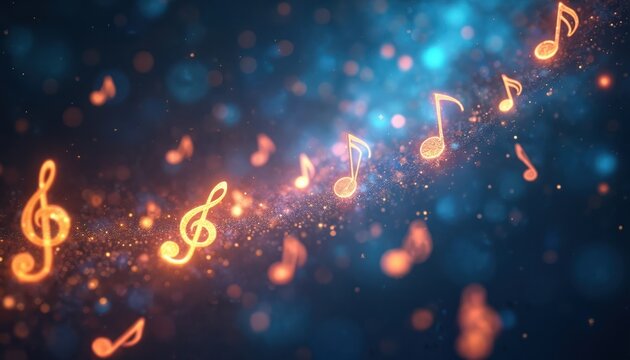 Glowing musical notes float in dark cosmic space with bokeh lights. Abstract digital art depicts sound waves and melody flow. Energetic rhythm and harmony feel.