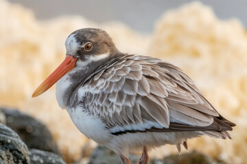 A close-up portrait of a wading bird, resembling an Oystercatcher, with a long orange beak and patterned plumage standing on coastal rocks against a creamy foamy background.