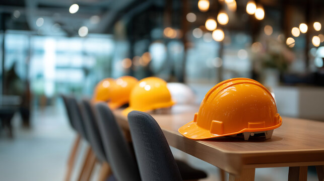 Safety training workplace knowledge concept construction helmets neatly arranged on chairs modern workspace education professional development industrial learning defocused