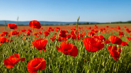Fototapeta premium A vibrant field of red poppies sways gently in the breeze