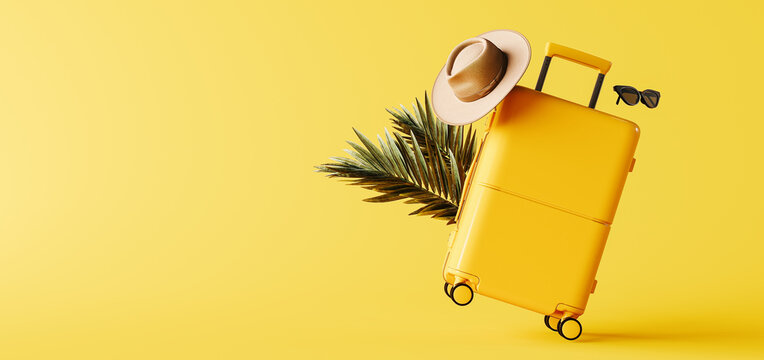 Travel luggage with summer accessories on yellow background with copy space. Summer travel banner design. 3D Rendering, 3D Illustration