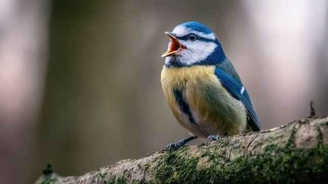 Colorful Blue Tit Bird Singing on Tree Branch in Nature