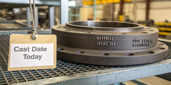 Newly cast iron part with material grade 304 label