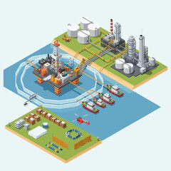 Obraz premium Offshore Oil Rig and Refinery Complex Isometric Illustration.