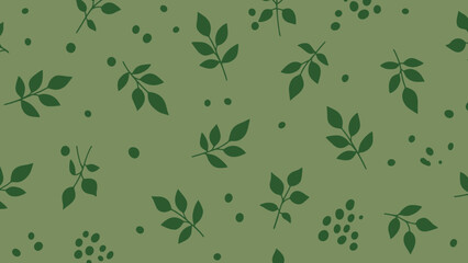 Elegant olive green botanical pattern with stylized leaves and polka dots design element