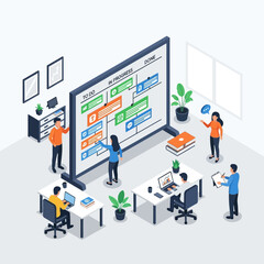 Team collaborating on a large scrum board in an office setting.
