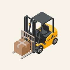 Yellow Forklift Truck Lifting Cardboard Box Isometric View.