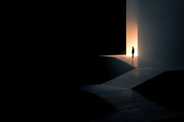 Person standing at the edge of a pathway leading to a bright light in a dark space during evening hours