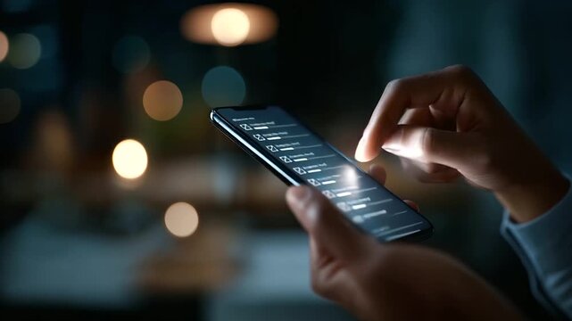 Business hand using smartphone with digital checklist task management interface visualization workflow optimization dashboard mobile planning system productivity organization