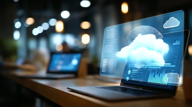 AI cloud computing interface with virtual globe visualization data analytics charts cloud storage management big data infrastructure intelligent processing platform distribute