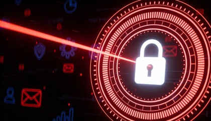 Red Glowing Padlock with Floating Email Icons in Cyber Security Concept. Digital Protection Against Phishing and Spam Attacks. Futuristic HUD Network Safety Background Illustration.