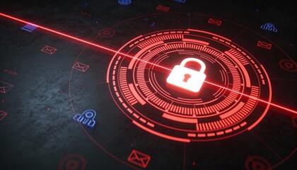 Red Glowing Padlock with Floating Email Icons in Cyber Security Concept. Digital Protection Against Phishing and Spam Attacks. Futuristic HUD Network Safety Background Illustration.