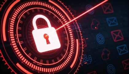 Red Glowing Padlock with Floating Email Icons in Cyber Security Concept. Digital Protection Against Phishing and Spam Attacks. Futuristic HUD Network Safety Background Illustration.
