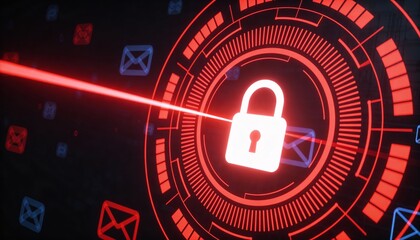 Red Glowing Padlock with Floating Email Icons in Cyber Security Concept. Digital Protection Against Phishing and Spam Attacks. Futuristic HUD Network Safety Background Illustration.