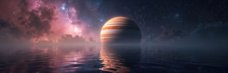 Jupiter planet reflected in calm water under starry sky. Swirling pink nebula clouds create a surreal and cosmic scene. Deep space view from an alien world.