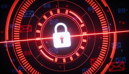 Red Glowing Padlock with Floating Email Icons in Cyber Security Concept. Digital Protection Against Phishing and Spam Attacks. Futuristic HUD Network Safety Background Illustration.