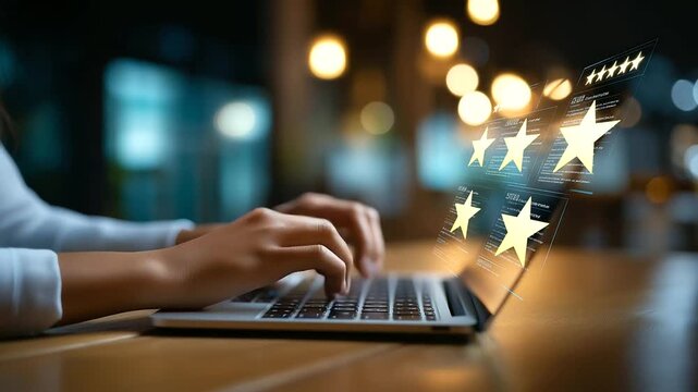 Hands typing with virtual feedback forms overlay customer experience analytics online review interface satisfaction measurement system service improvement dashboard UX