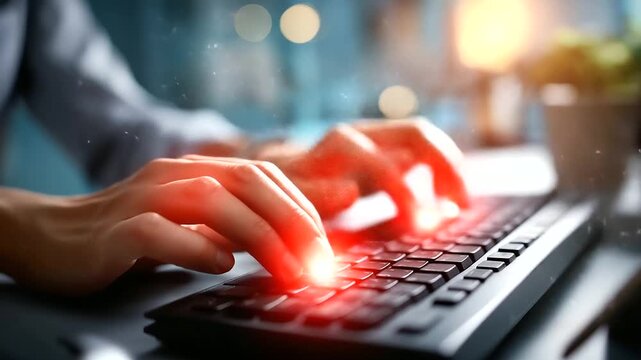 Hands typing on keyboard with red error warning overlay system failure notification cybersecurity threat alert malware detection interface critical technical issue hacking