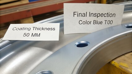 Obraz premium Close up of blue painted metal part during final inspection