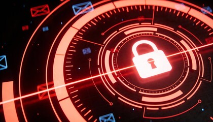 Red Glowing Padlock with Floating Email Icons in Cyber Security Concept. Digital Protection Against Phishing and Spam Attacks. Futuristic HUD Network Safety Background Illustration.