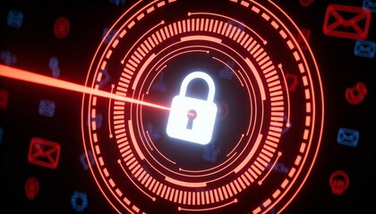 Red Glowing Padlock with Floating Email Icons in Cyber Security Concept. Digital Protection Against Phishing and Spam Attacks. Futuristic HUD Network Safety Background Illustration.