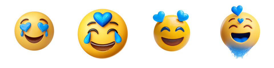 Set of four laughing emojis with hearts and tears, vector illustration