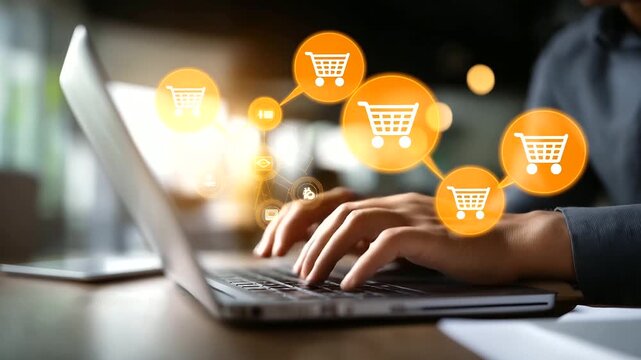 Business hand operating payroll automation software on laptop employee compensation management icons HR technology platform salary processing system financial automation