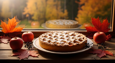 Homemade Apple Pie Rustic Autumn Dessert Window View