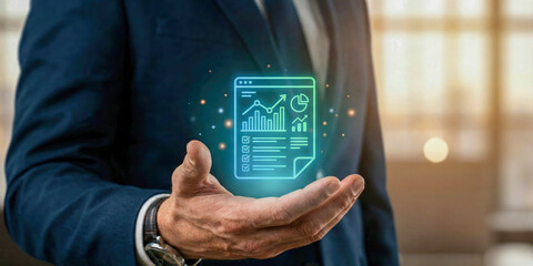 Business high level planning concept with futuristic data report hologram in hand showing growth analytics vision and strategy focus