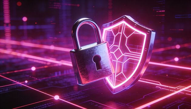 Metal Padlock and Digital Shield in Neon Cyber Space. 3D Render of Web Security, Data Protection and Privacy Concept. Futuristic Network Firewall and Encryption Technology Background. - Powered by Adobe