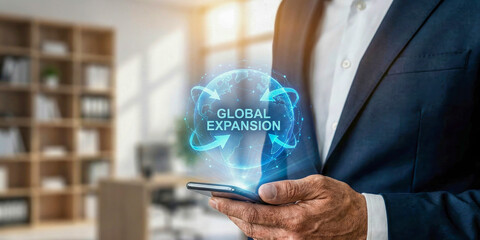 Business high level planning concept for global expansion strategy with digital hologram globe over mobile phone in executive hand