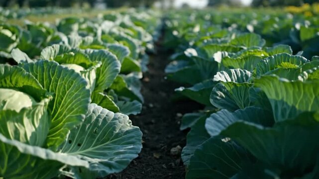 Rows of large green cabbage plants growing in a sunlit field