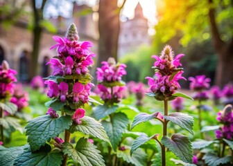 Obraz premium Vibrant pink lamium purpureum bursts forth with spring flowers in a city garden amidst lush greenery and architectural details