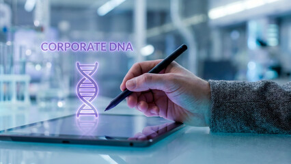 Business planning high level concept glowing corporate dna graphic on digital tablet in modern office lab