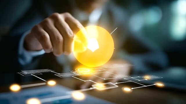 Business hand interacting with virtual flowchart interface process automation visualization workflow design dashboard system integration mapping decision making framework