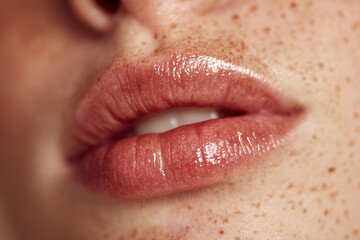 Obraz premium Close up of lips with glossy finish showing freckles and soft texture during a beauty session