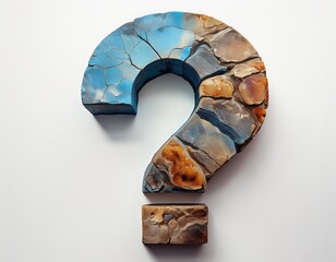 weathered cracked stone question mark with textured blue and earthy brown tones on white background