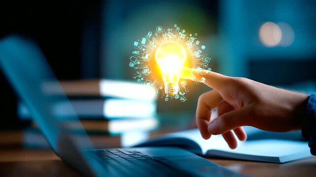 Hand touching AI light bulb icon with education interface artificial intelligence in learning smart education platform innovative e learning technology digital knowledge system
