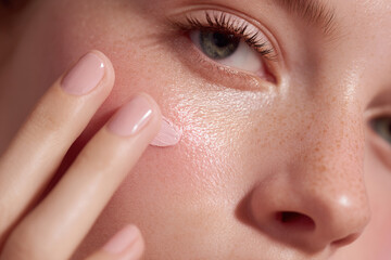 Young woman applying creamy pink blush on cheek